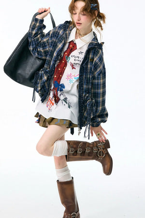 Navy Plaid Hooded Zipper Jacket