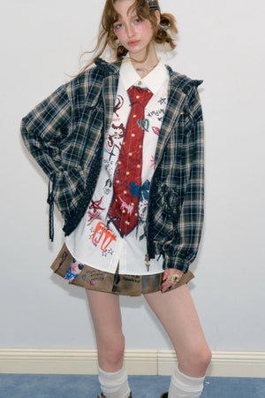 Navy Plaid Hooded Zipper Jacket