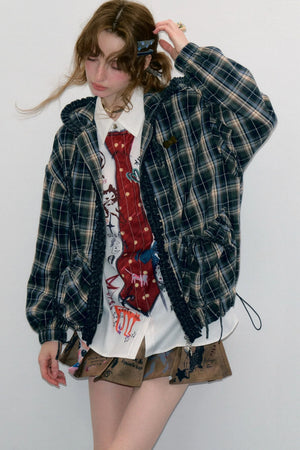 Navy Plaid Hooded Zipper Jacket