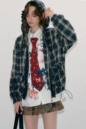 Navy Plaid Hooded Zipper Jacket