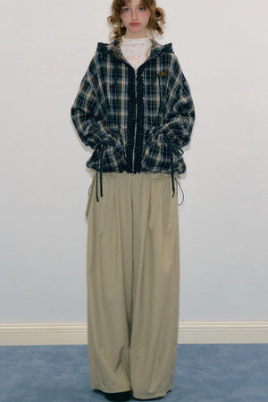 Navy Plaid Hooded Zipper Jacket
