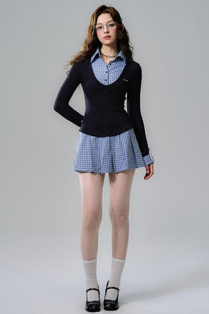 Navy Plaid Pleated Shirt Dress