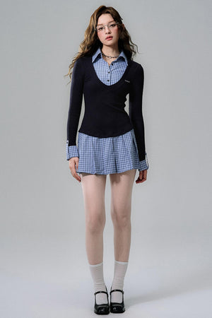 Navy Plaid Pleated Shirt Dress