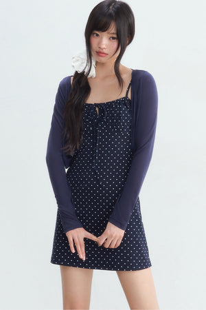 Navy Polka Dot Suspender Dress With Cardigan Set