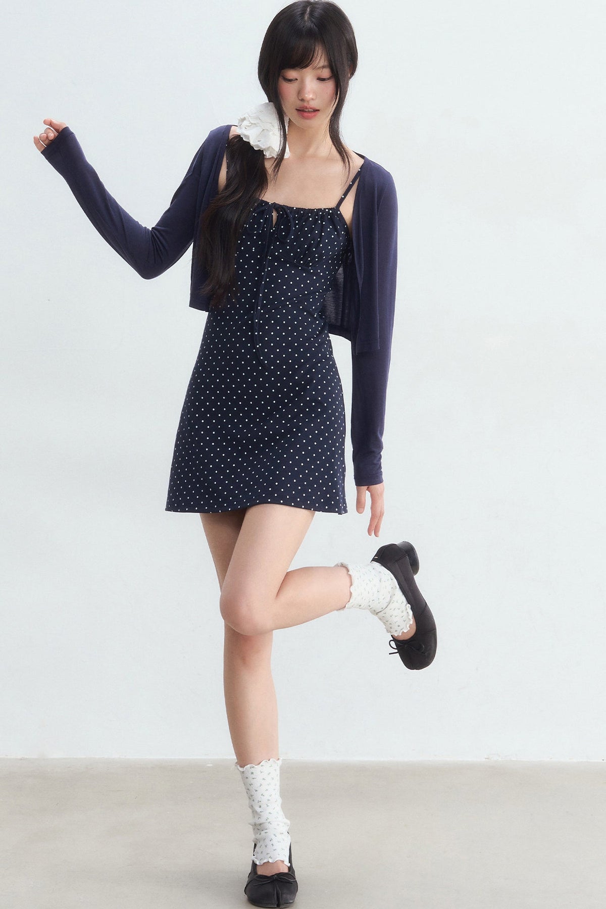 Navy Polka Dot Suspender Dress With Cardigan Set
