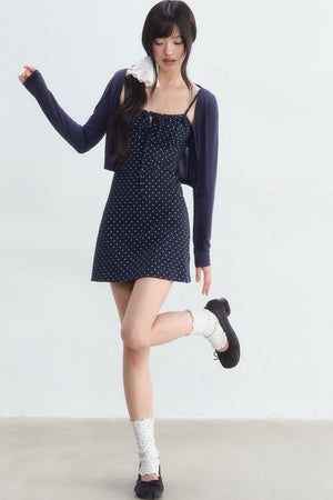 Navy Polka Dot Suspender Dress With Cardigan Set