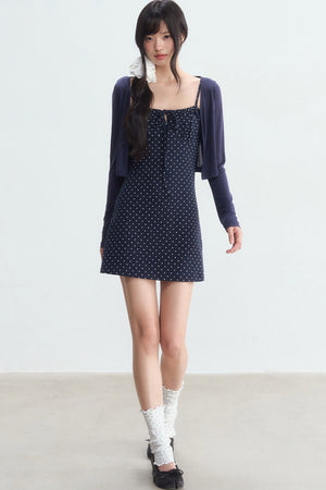 Navy Polka Dot Suspender Dress With Cardigan Set