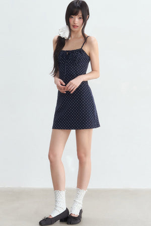 Navy Polka Dot Suspender Dress With Cardigan Set
