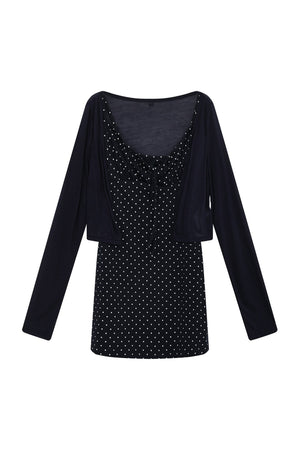 Navy Polka Dot Suspender Dress With Cardigan Set