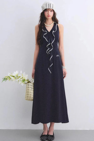 Navy Ruffled Lace Dress
