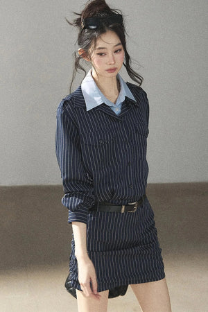 Navy Striped Bodycon Layered-Look Dress Set