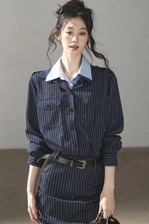 Navy Striped Bodycon Layered-Look Dress Set