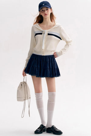 Navy Tie Shawl Contrast Sweater