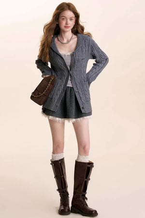 Navycore Wool Chain Embroidery Cardigan