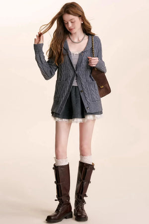 Navycore Wool Chain Embroidery Cardigan