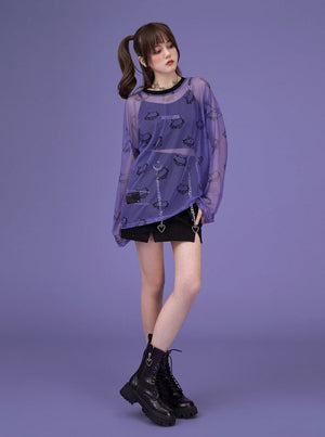 neck printed long-sleeved T-shirt