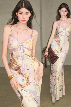 New Chinese Style Printed Tie Waist Fishtail Maxi Dress