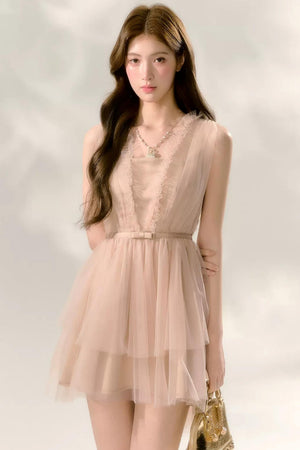 Nude Ballet Bow Lace Puffy Dress