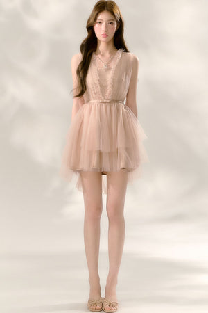 Nude Ballet Bow Lace Puffy Dress