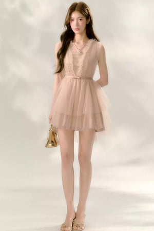 Nude Ballet Bow Lace Puffy Dress