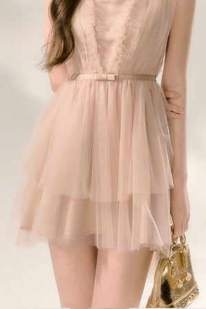 Nude Ballet Bow Lace Puffy Dress