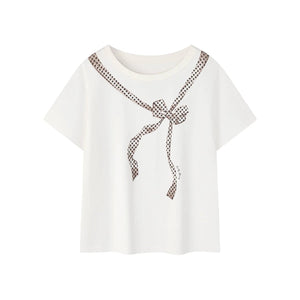 Off-Shoulder Bow Print T-Shirt