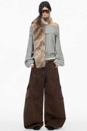 Off-Shoulder Color-Blocked Knit Sweater