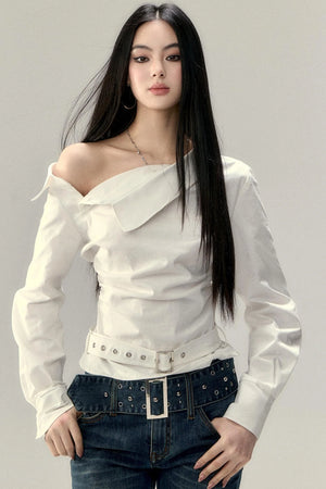 Off-Shoulder Cropped Pleated Shirt