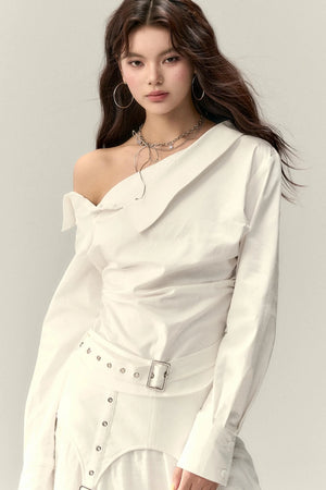 Off-Shoulder Cropped Pleated Shirt
