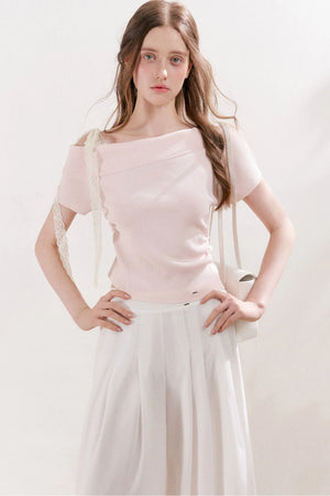 Off-Shoulder Lace Bow Knit Top