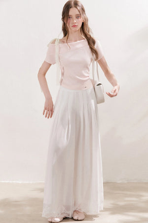 Off-Shoulder Lace Bow Knit Top