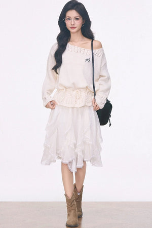 Off-Shoulder Lace-Up Sweater And Ruffled Skirt Set-Up