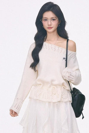 Off-Shoulder Lace-Up Sweater And Ruffled Skirt Set-Up