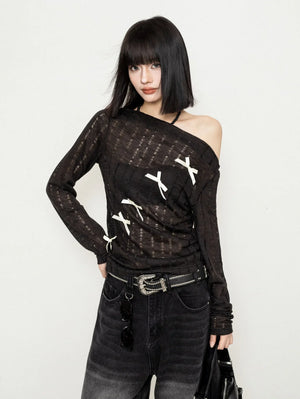 Off-Shoulder Mesh Cut-Out Blouse Top