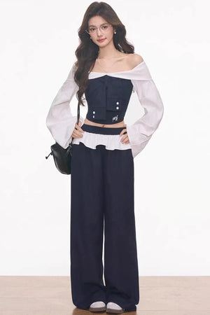 Off-Shoulder Patchwork Ensemble Top set-Up