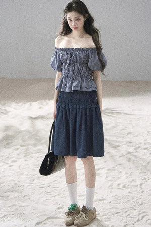 Off-Shoulder Plaid Puff Sleeve Top