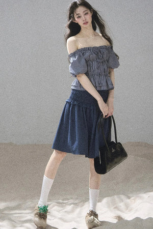 Off-Shoulder Plaid Puff Sleeve Top