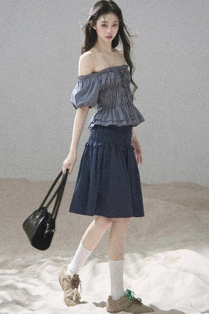 Off-Shoulder Plaid Puff Sleeve Top