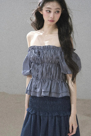 Off-Shoulder Plaid Puff Sleeve Top