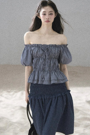 Off-Shoulder Plaid Puff Sleeve Top
