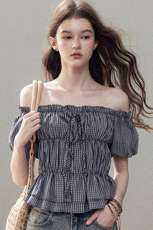 Off-Shoulder Plaid Puff Sleeve Top
