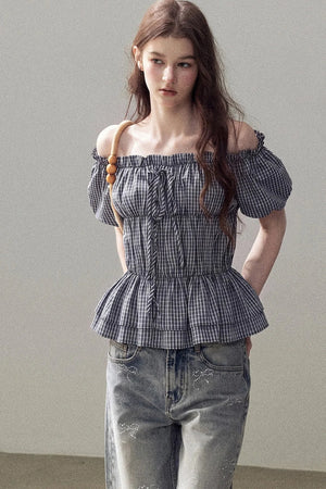 Off-Shoulder Plaid Puff Sleeve Top