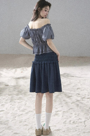 Off-Shoulder Plaid Puff Sleeve Top