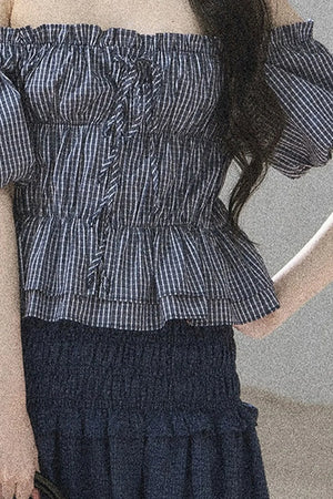 Off-Shoulder Plaid Puff Sleeve Top