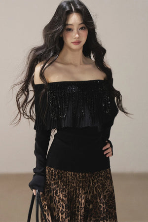 Off-Shoulder Pleated Long Sleeve Top