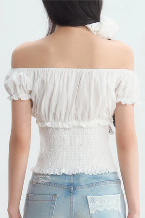 Off-Shoulder Puff Sleeve Lace-Up Top