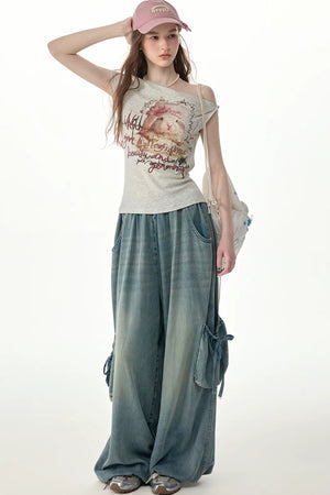 Off-Shoulder Rabbit Print Short-Sleeve T-Shirt