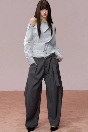 Off-Shoulder Ruched Belt Shirt