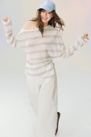 Off-Shoulder Striped Long-Sleeve Blouse