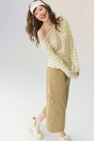 Off-Shoulder Striped Long-Sleeve Blouse